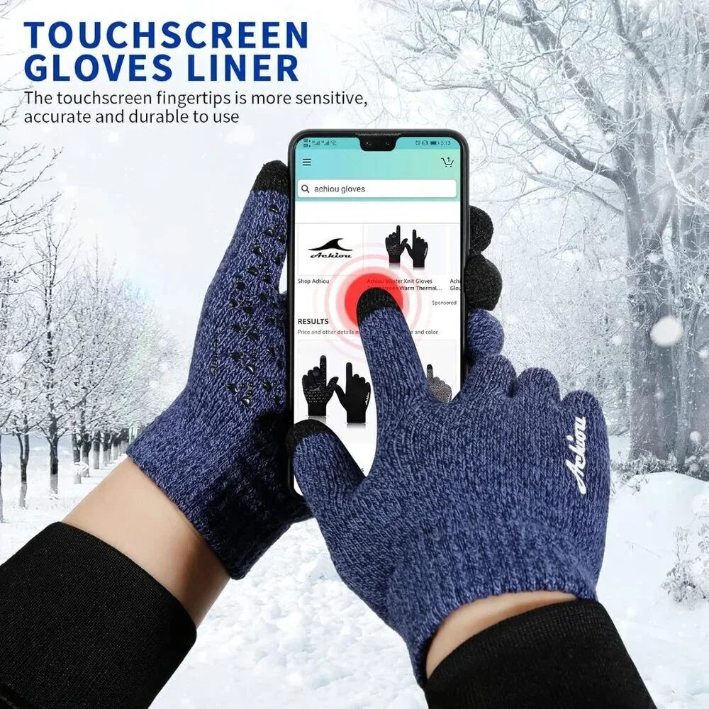 Women's Blue Upgraded Touch Screen Warm Thermal Soft Knit Lining Winter Gloves